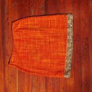 Josephine Chaus Orange Tweed Silk Skirt with Beaded Trim Sz 8